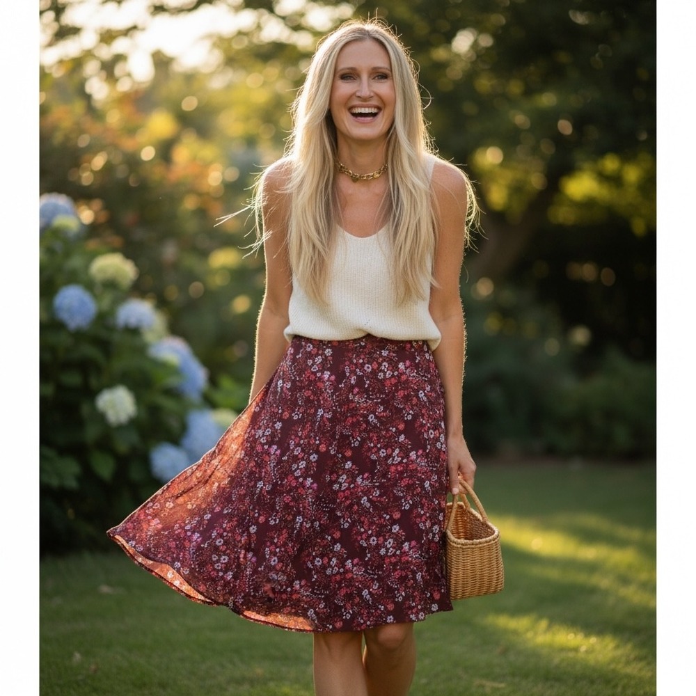 Gap Printed Dipped Burgundy Floral Midi Skirt High Low Hem Size M FA17